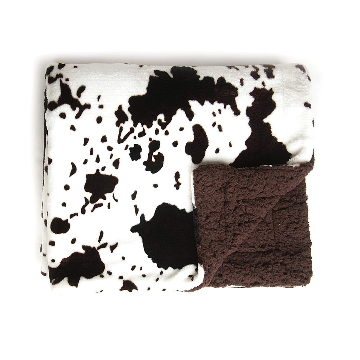 Tadpoles plush sherpa cowhide blanket front view shows cozy warmth