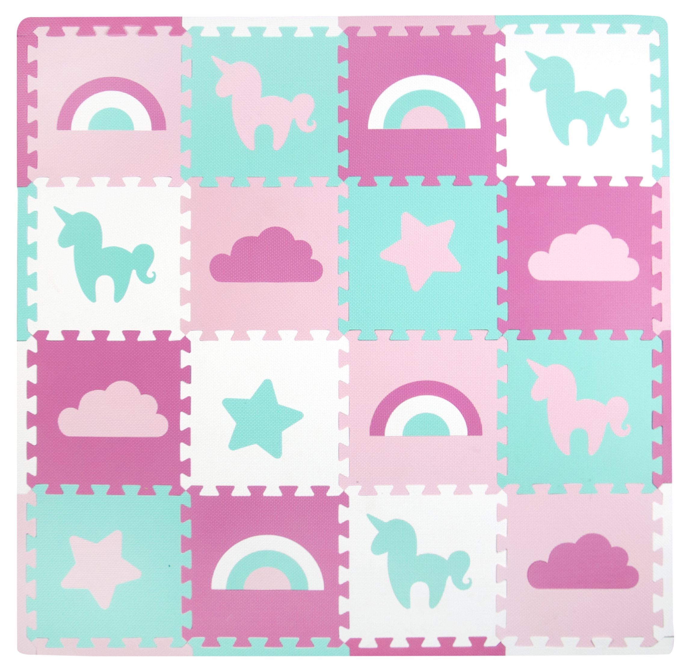 Tadpoles Rainbows and Unicorns foam tiles assembled into a cushioned 50x50 play area for safe crawling.