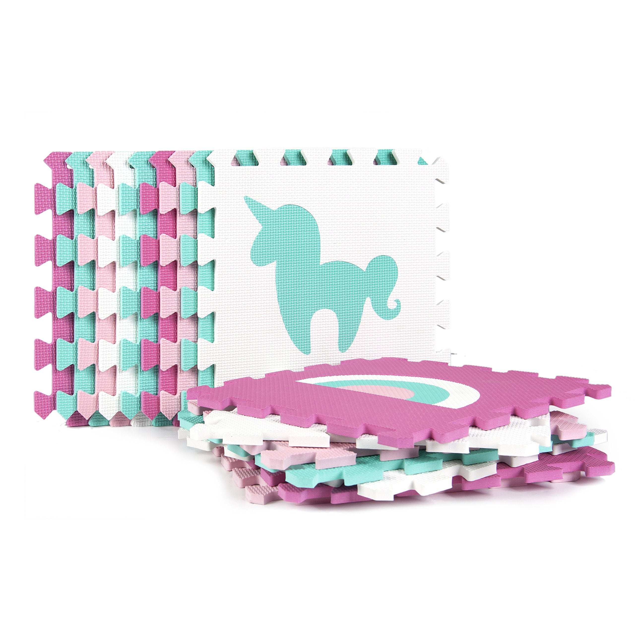 Tadpoles Rainbows and Unicorns waterproof foam tiles shown for easy wipe-clean playtime.