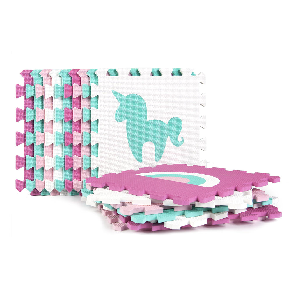 Tadpoles Rainbows and Unicorns waterproof foam tiles shown for easy wipe-clean playtime.