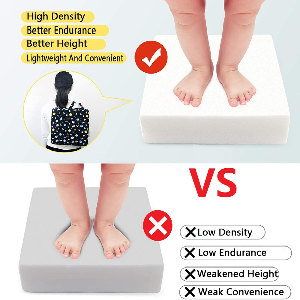 Compact, 13.4x13.4 inch Taeku booster seat dimensions on a kitchen chair.