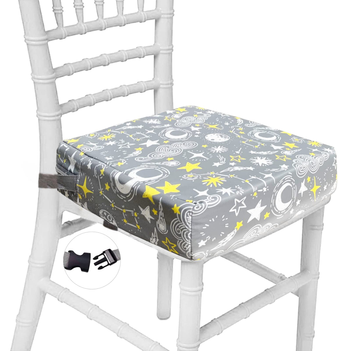 Taeku booster seat for dining table with safe two-buckle attachment.