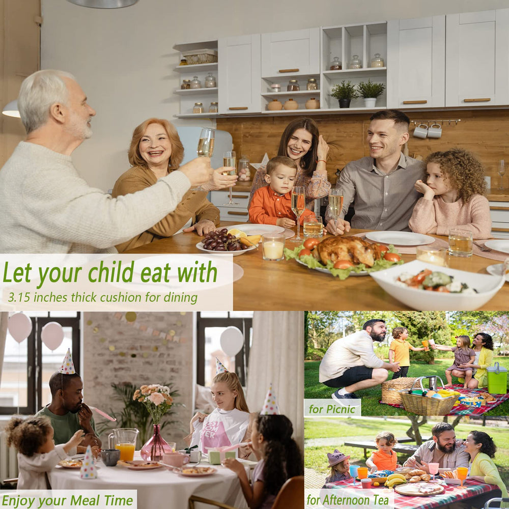 Child seated at table using Taeku booster seat during a family meal.
