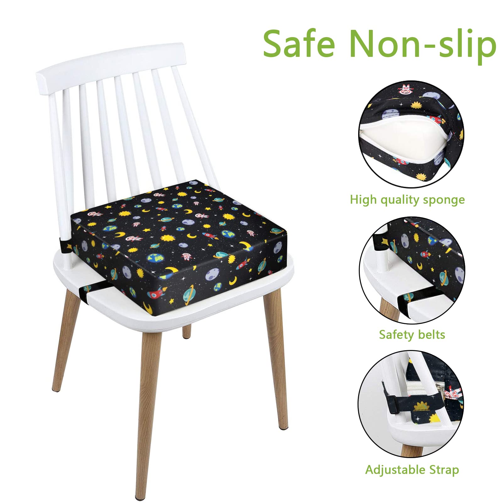 Close-up of Taeku booster seat with two safety buckles securing it to a chair.