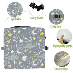 Taeku booster seat back buckle securing cushion on different chairs for stability.