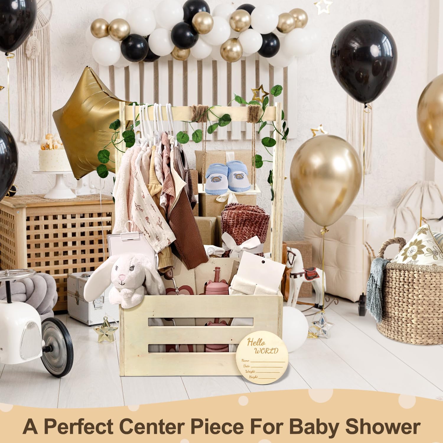 TAEYONK wooden baby shower crate closet used for gifting and storage.