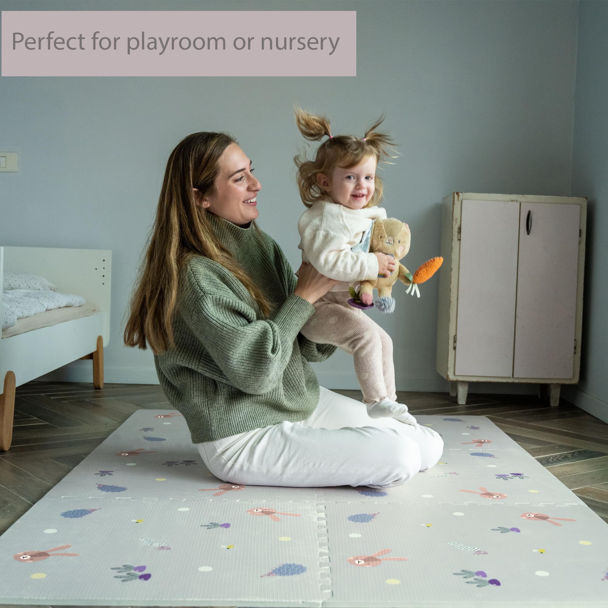 Taf Toys Baby Play Mat shows puzzle pattern with flowers and animals.