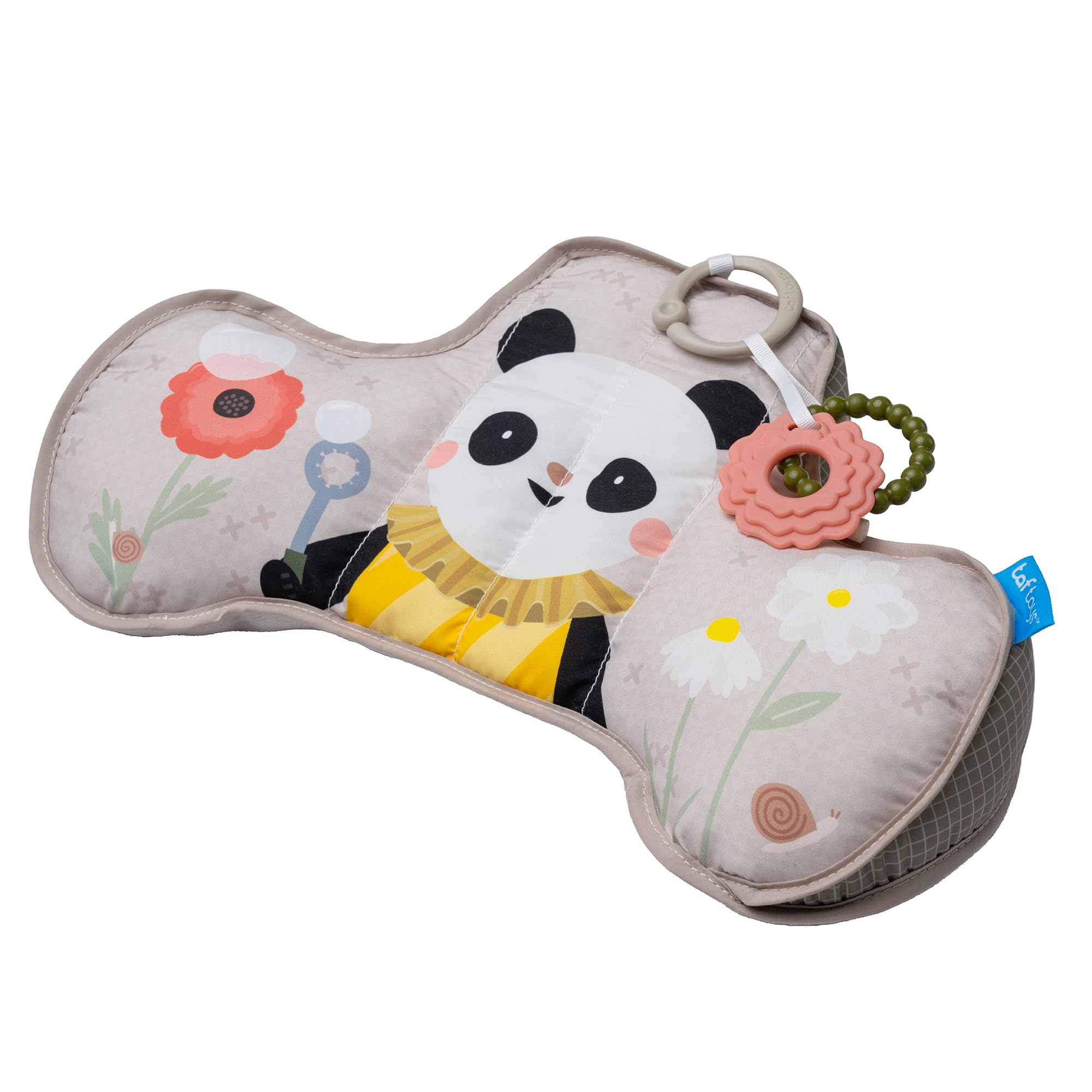 Taf Toys tummy time cushion with bear illustration supports neck strength and exploration.