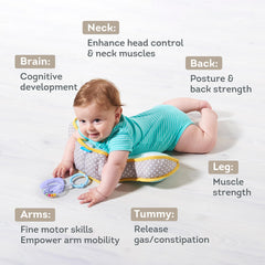 Taf Toys tummy time cushion with detachable toys ready for interactive play.