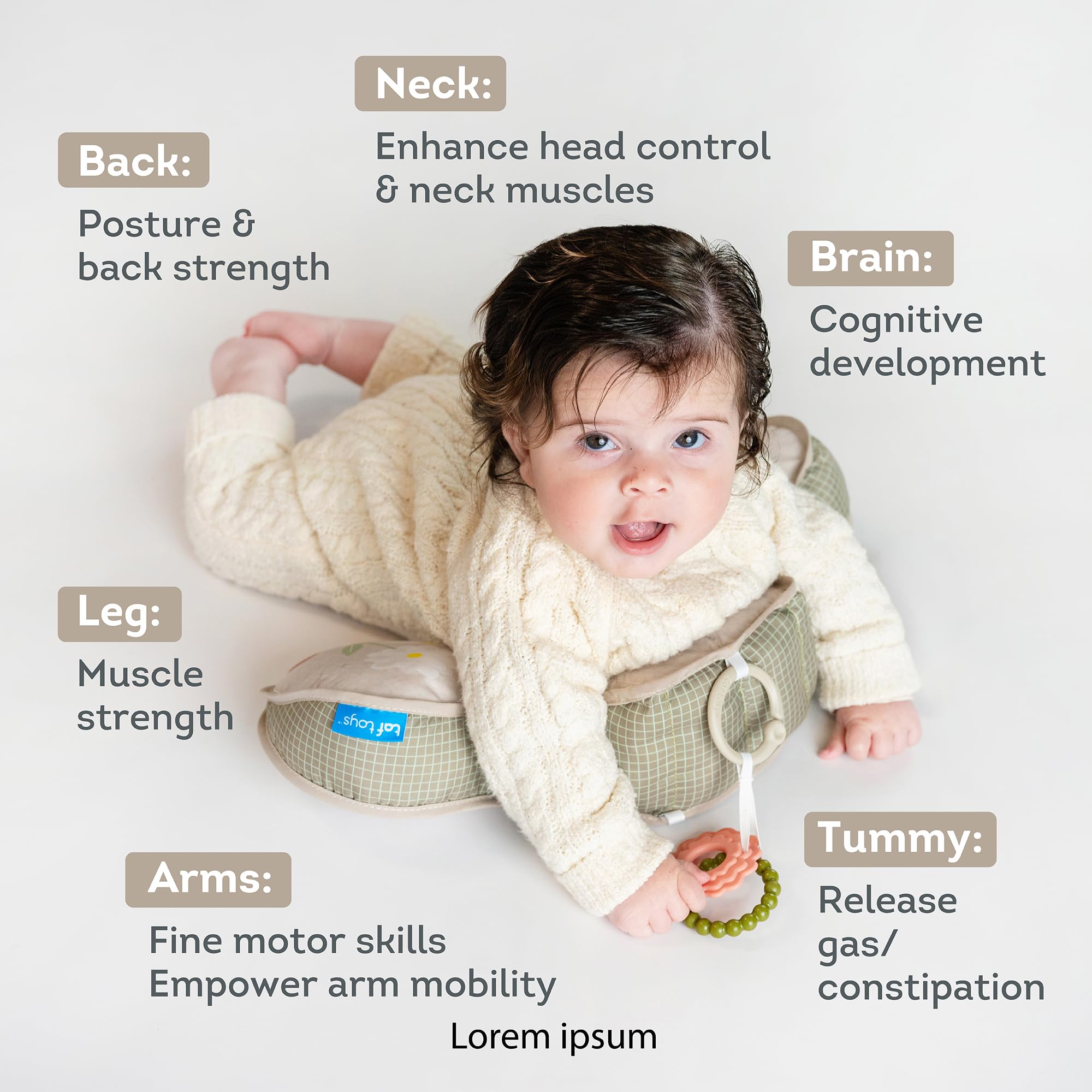 Taf Toys soft surface cushion offers gentle comfort for tummy time sessions.