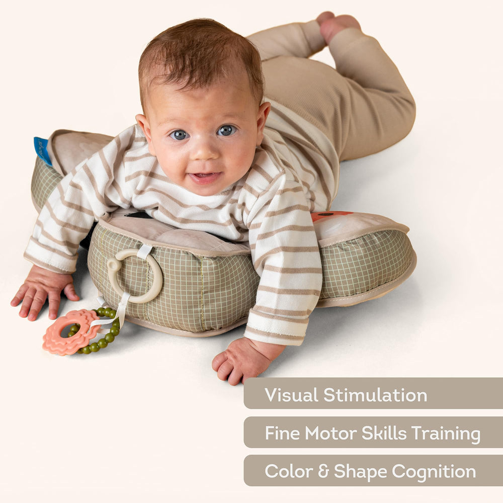 Taf Toys built-in teether and rattle promote tactile exploration.
