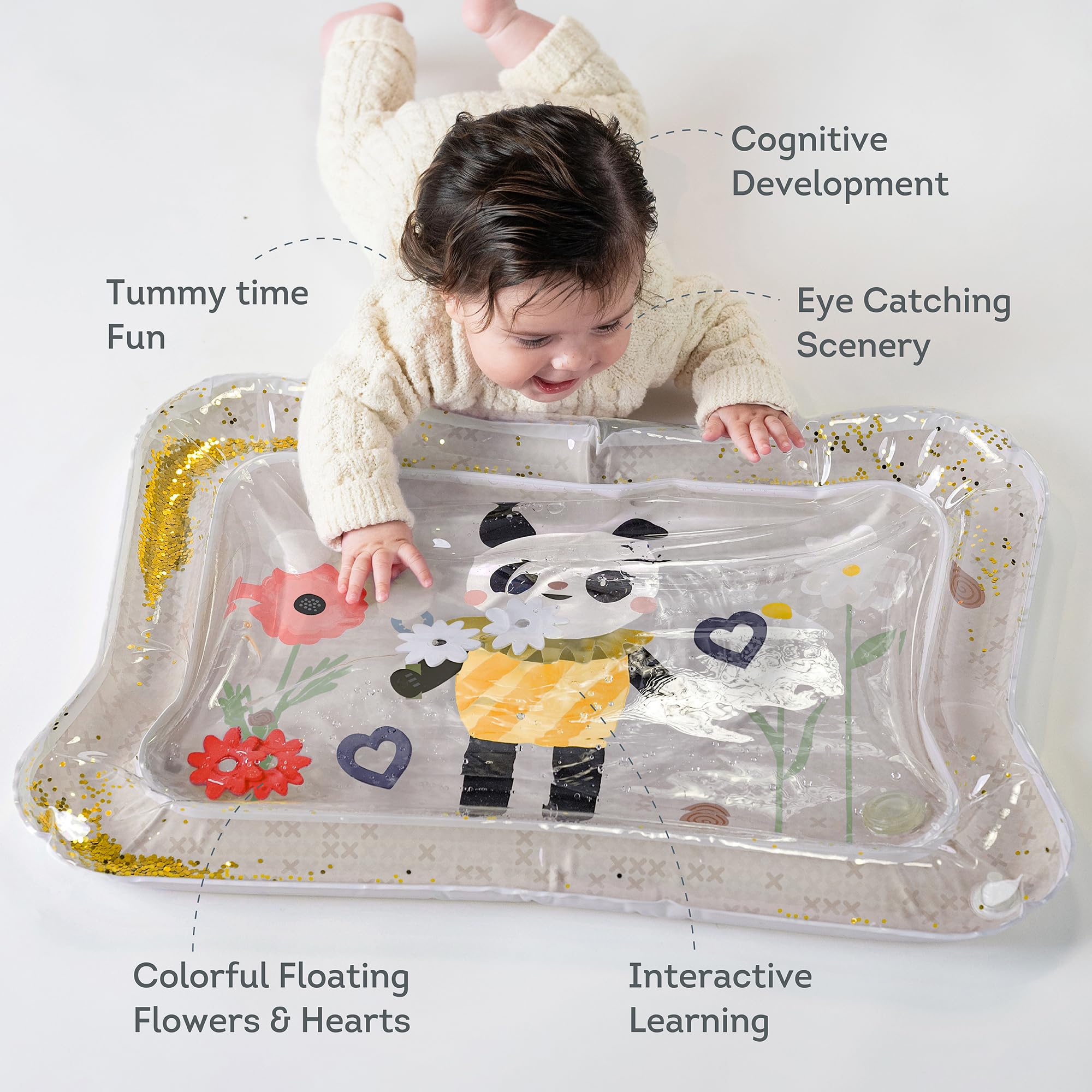 Compact design of the Panda Bloom water mat fits small play spaces.