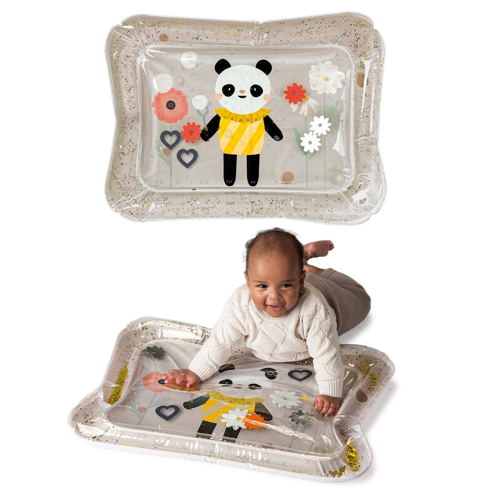Taf Toys Panda Bloom water mat with floating toys boosts visual tracking during tummy time.