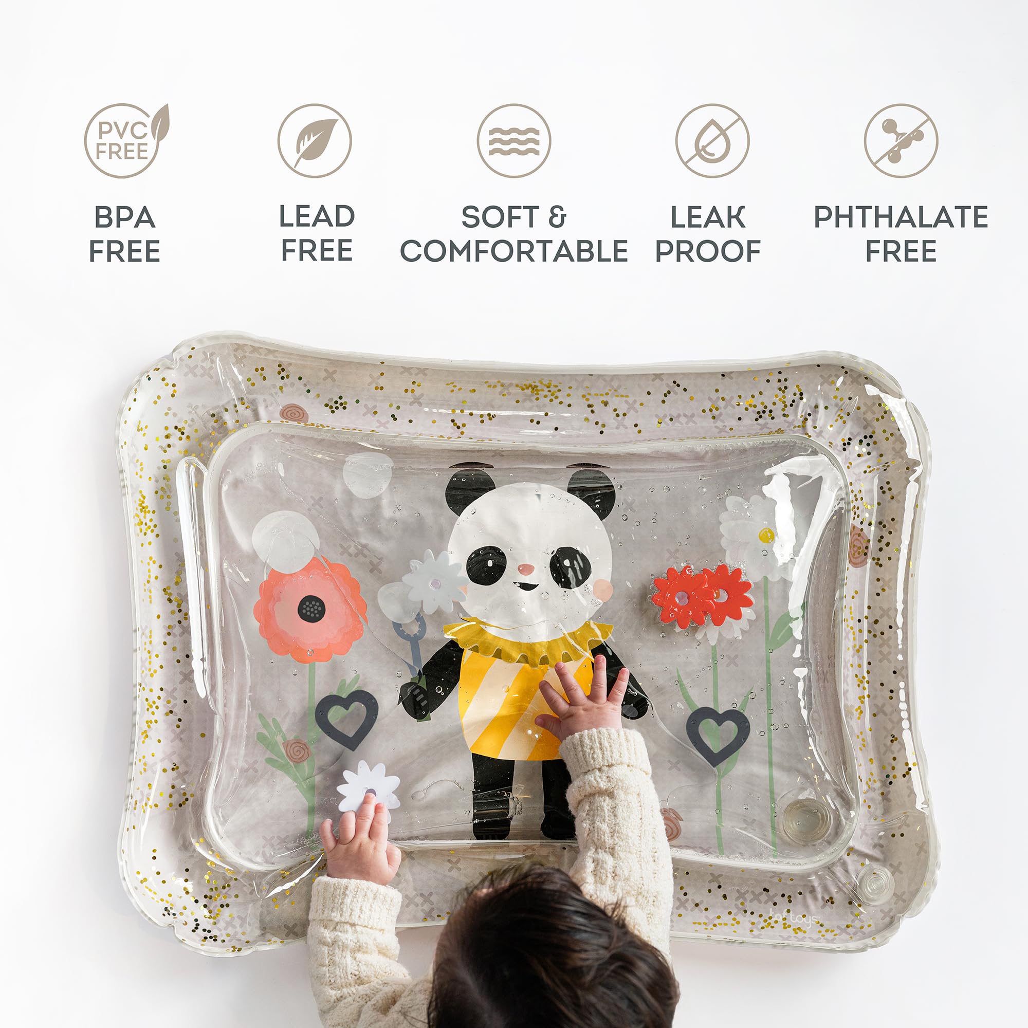 Panda Bloom water mat promotes sensory engagement with drifting toys.