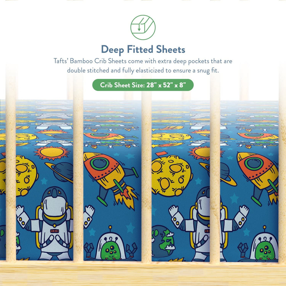 Tafts bamboo crib sheet on a toddler mattress for extended use.