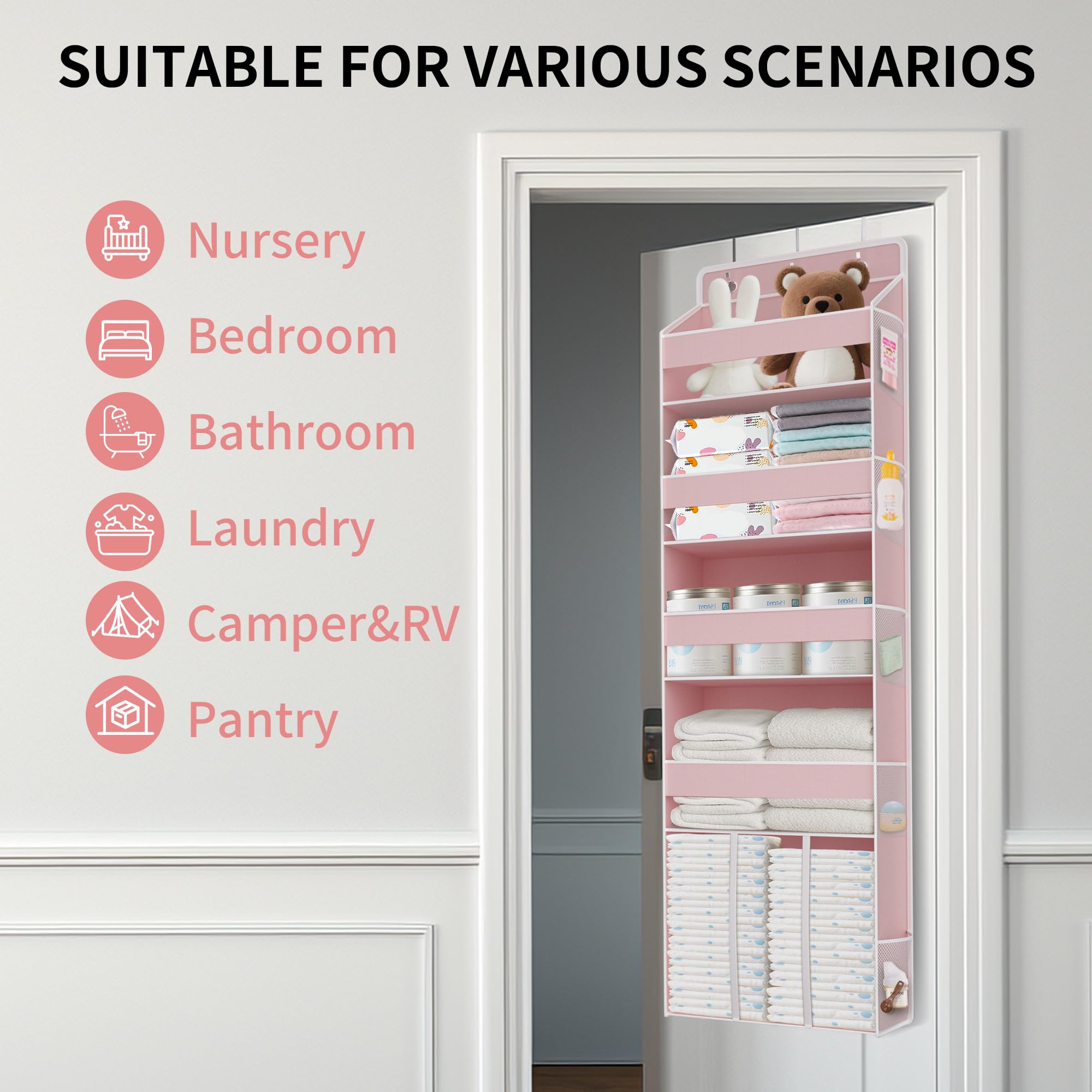 Three thick metal hooks enable tool-free door mounting for Tahavice organizer.
