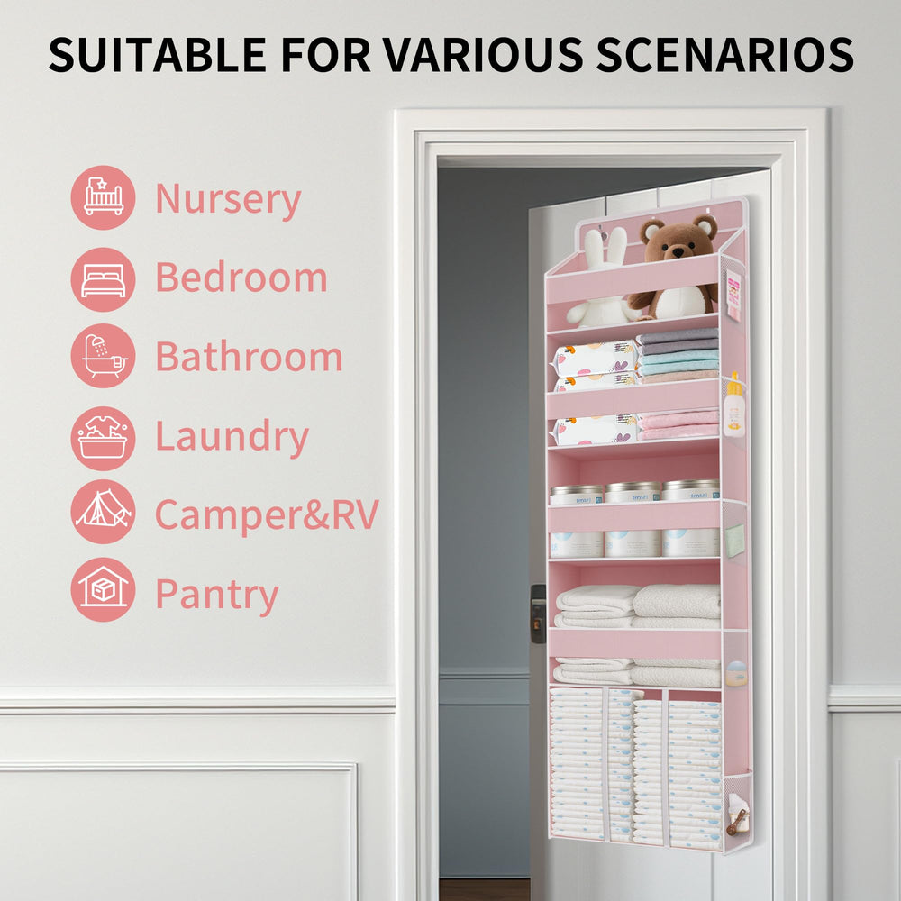 Three thick metal hooks enable tool-free door mounting for Tahavice organizer.