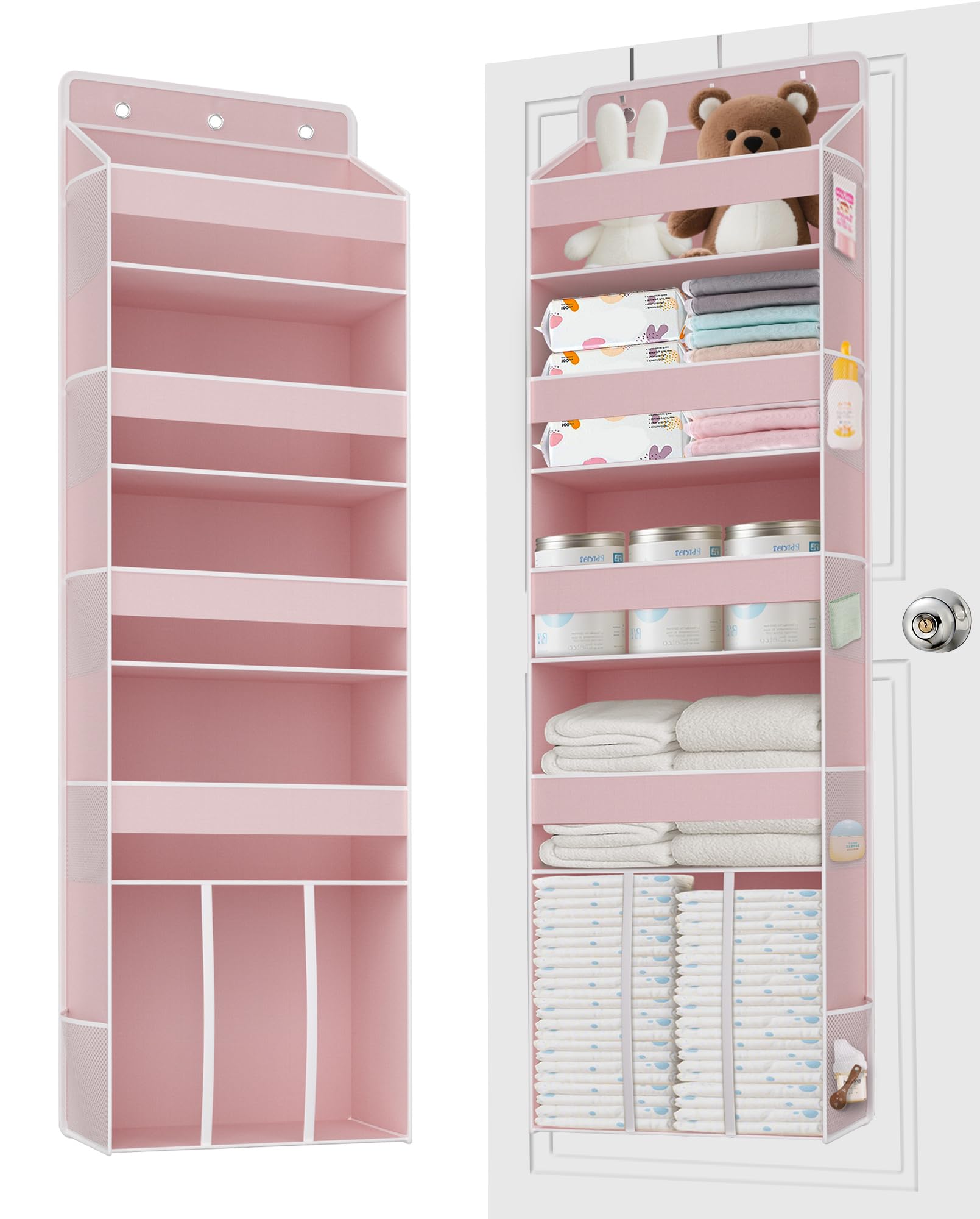 TAHAVICE Pink over-the-door organizer with four shelves and large caddy for easy access to baby items.