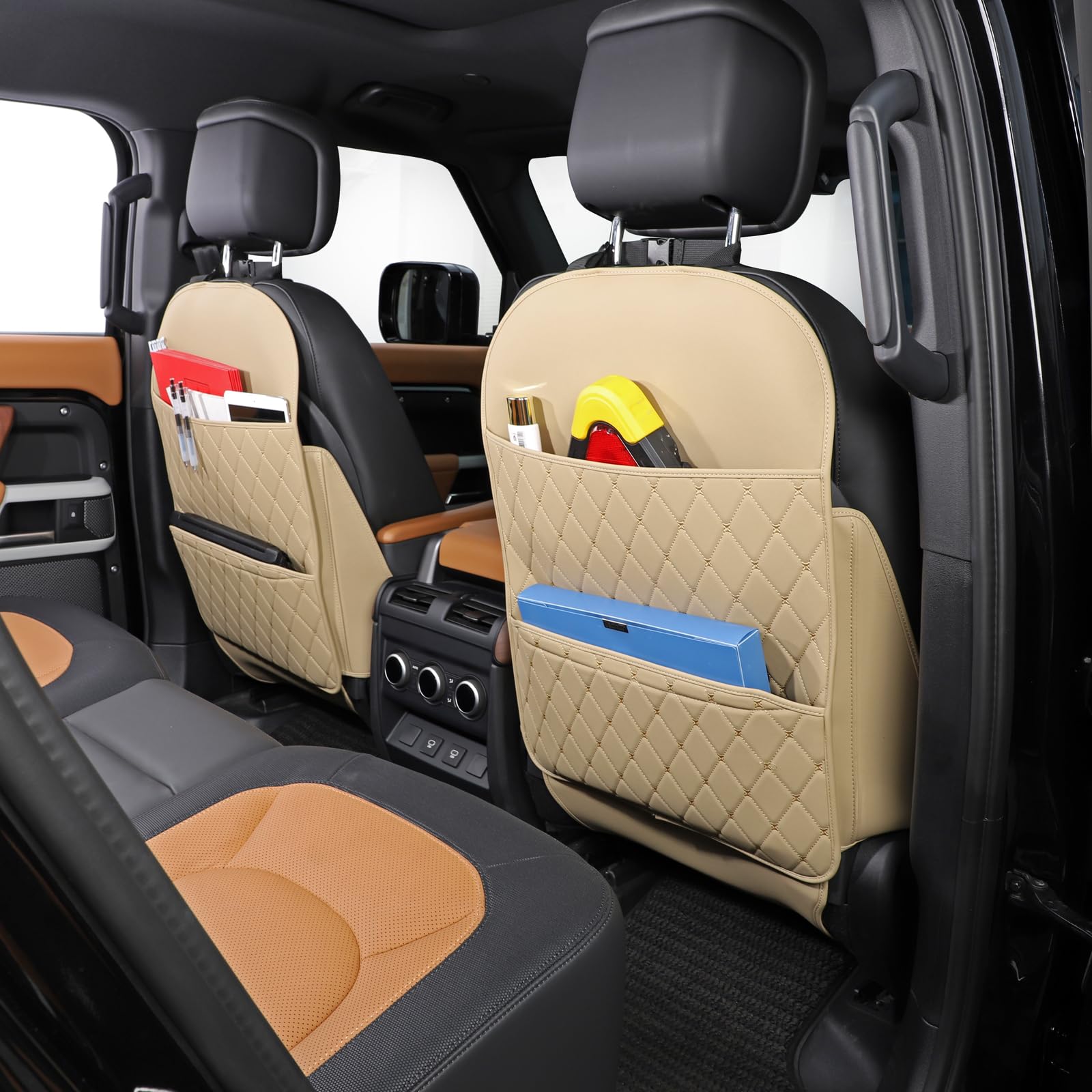 TAIKOO kick mat back seat protector in beige, shields seat backs from scuffs and stains