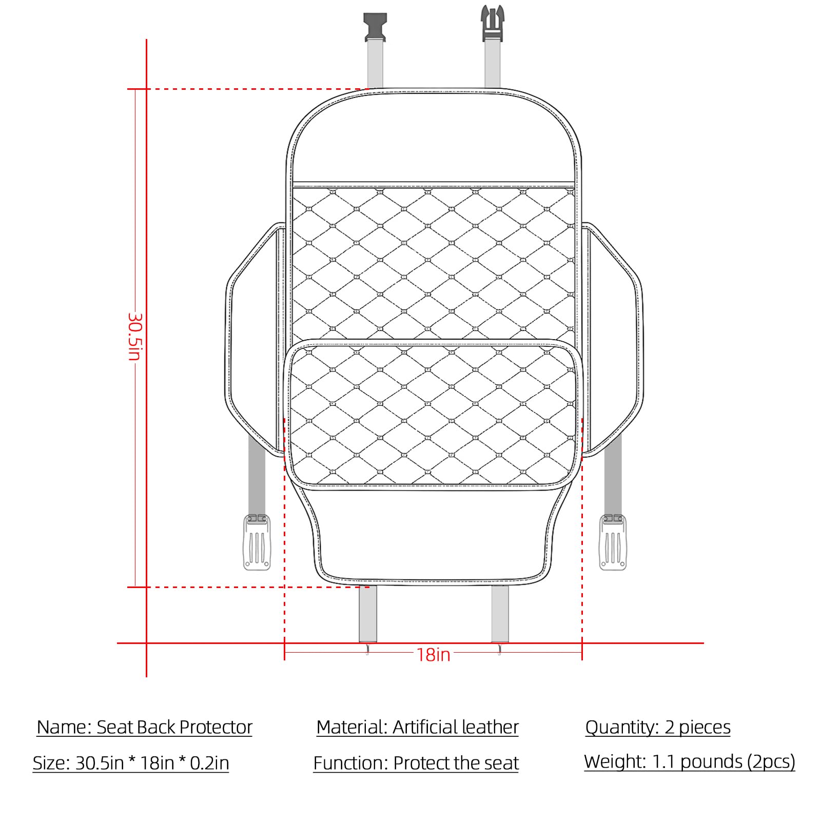 TAIKOO seat back protector measures 30 by 25 inches and 0.2 inch thick