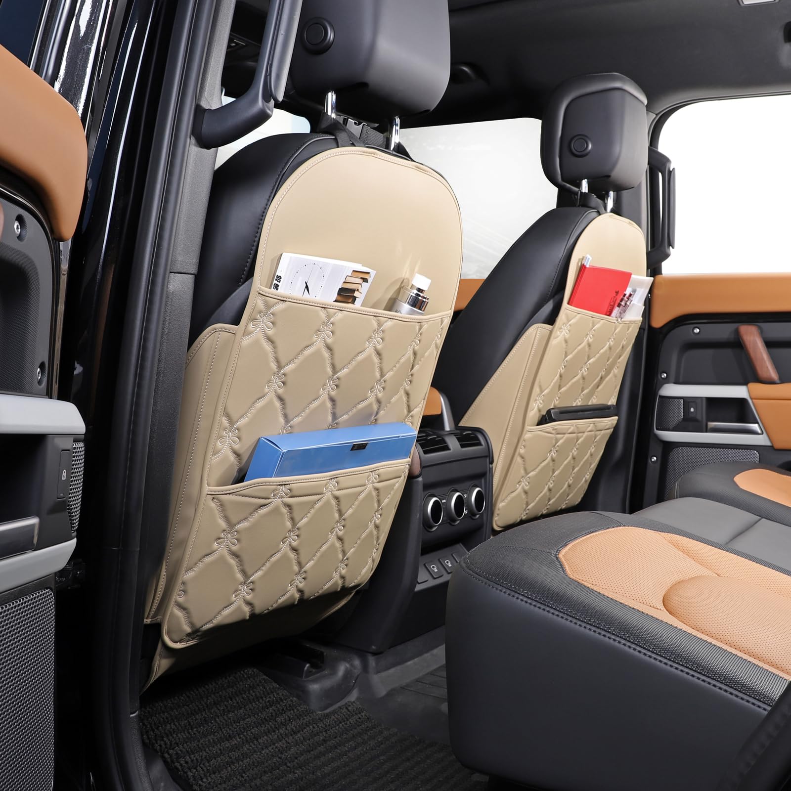 TAIKOO beige seat back protector, side view, reduces heel marks