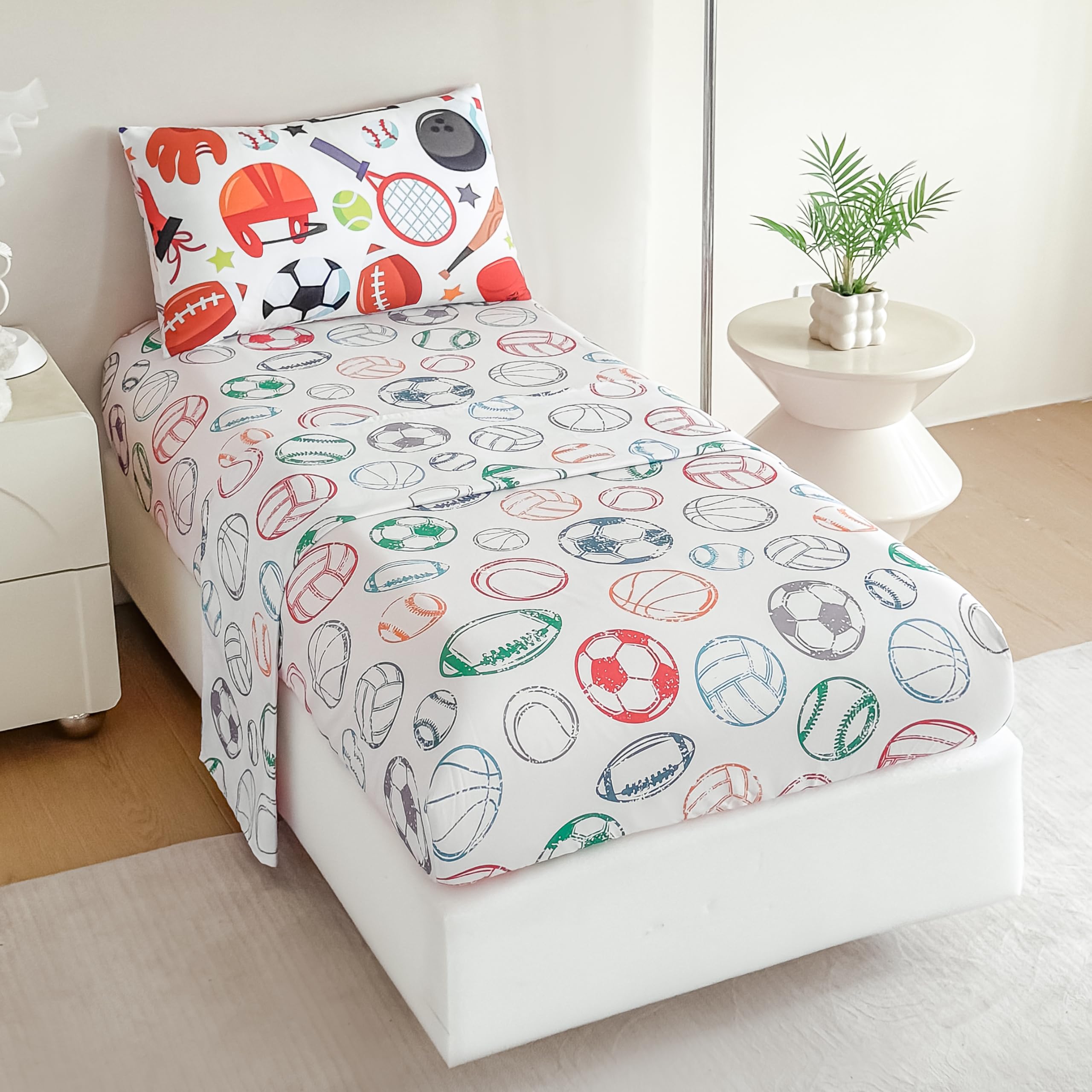 Tailor Shop pillowcase close-up shows vibrant sports print