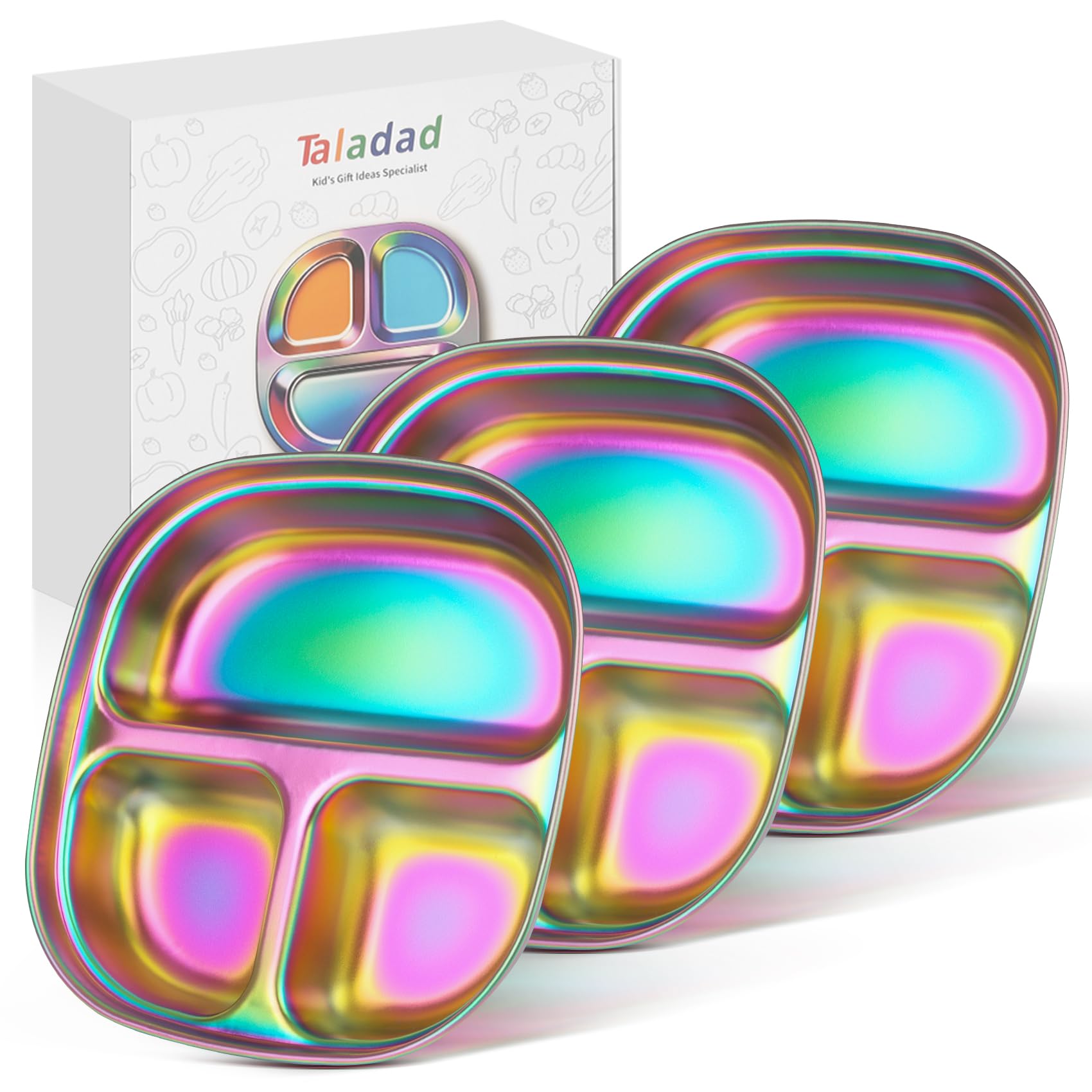 Taladad 3-Pack stainless steel kids plates showing the three-compartment layout for balanced meals