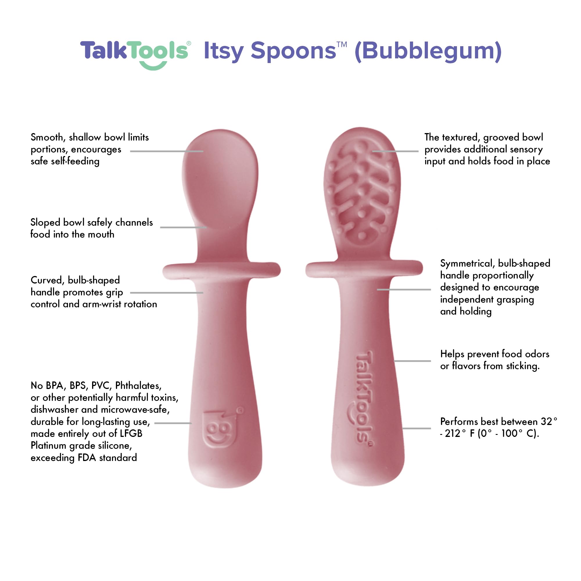 TalkTools ITSY Tiny spoon features shallow bowl and guard flange for safer bites