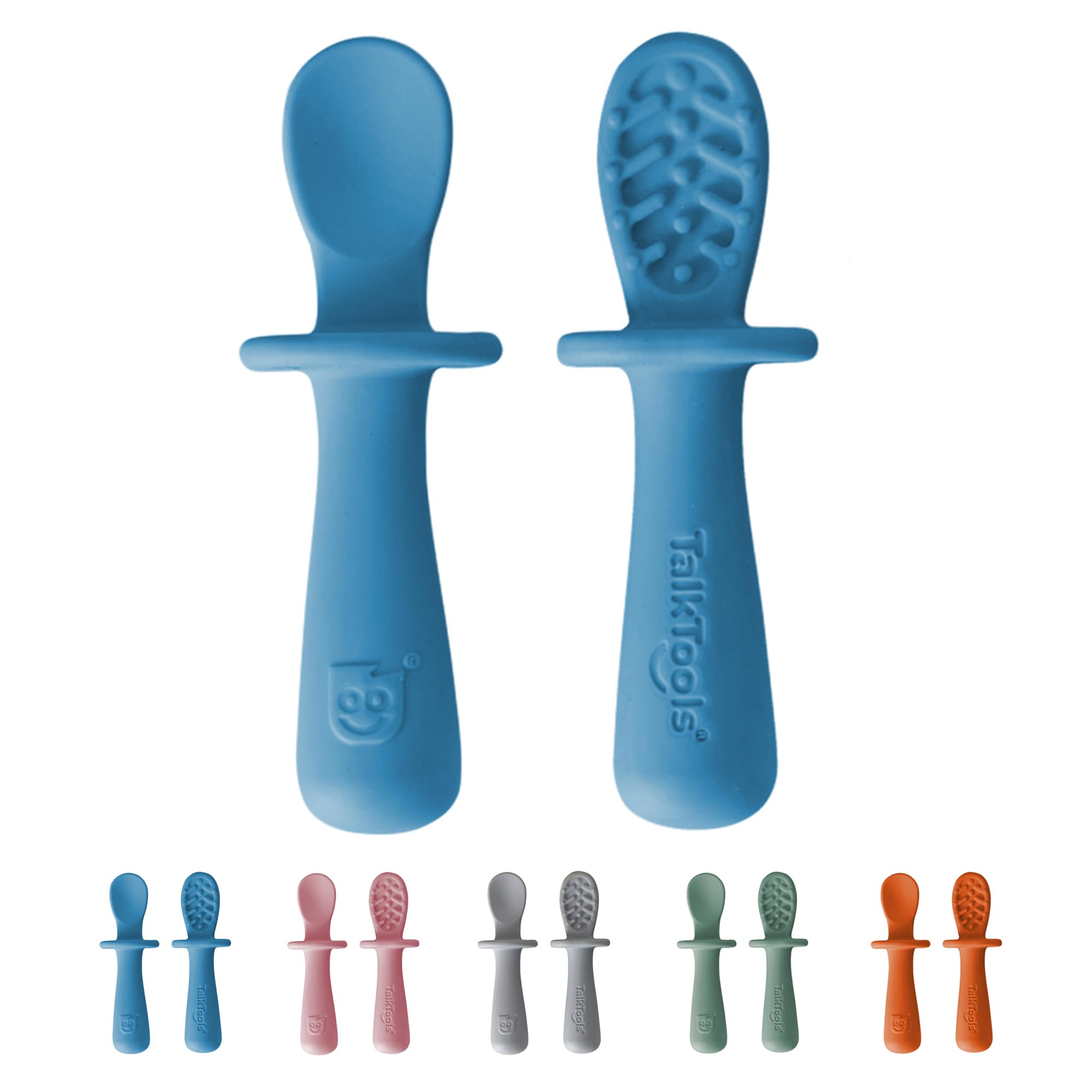 TalkTools ITSY Tiny Silicone Spoons Ocean twin pack on table for self-feeding practice.
