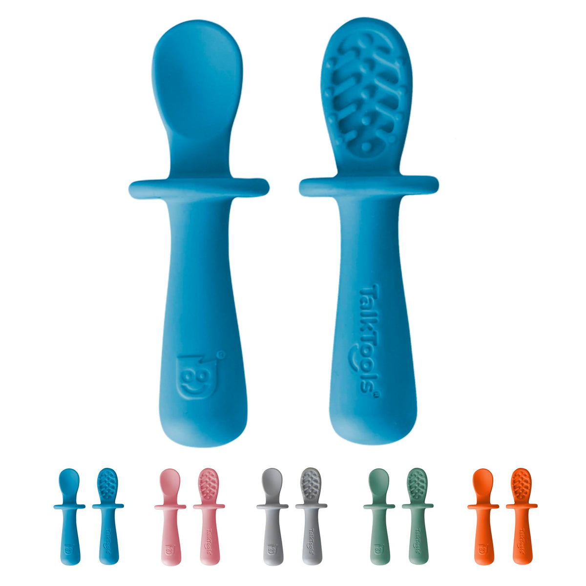TalkTools ITSY Tiny Silicone Spoons Ocean twin pack on table for self-feeding practice.