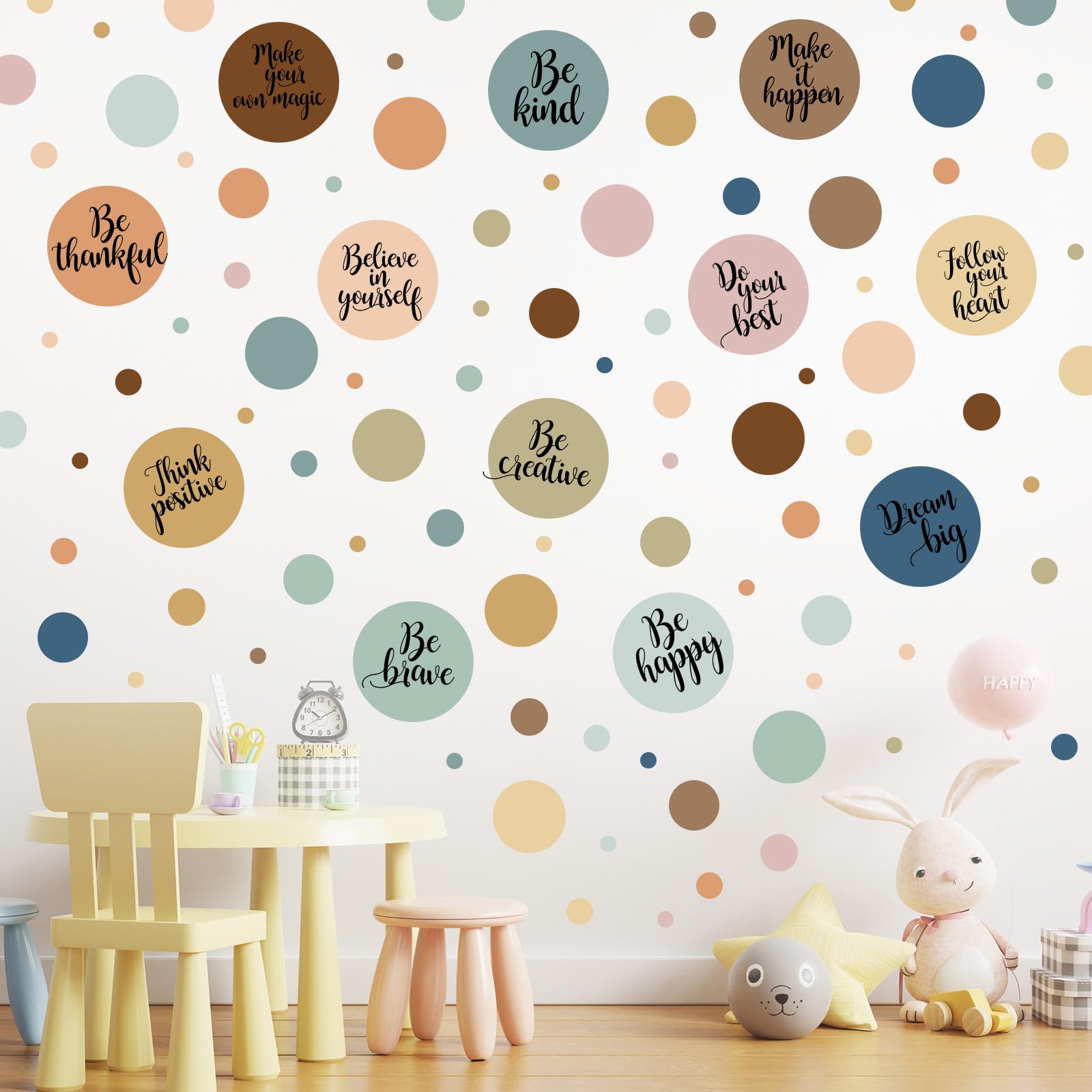 Tallew polka dot decals in varied sizes brighten classroom walls for creative play