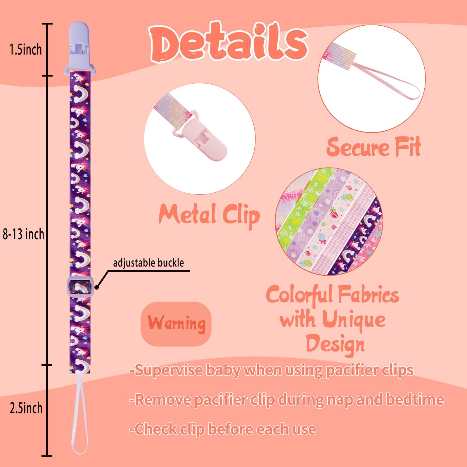 Tamhoo pacifier clips with stripes pattern match outfits and prevent lost pacifiers.