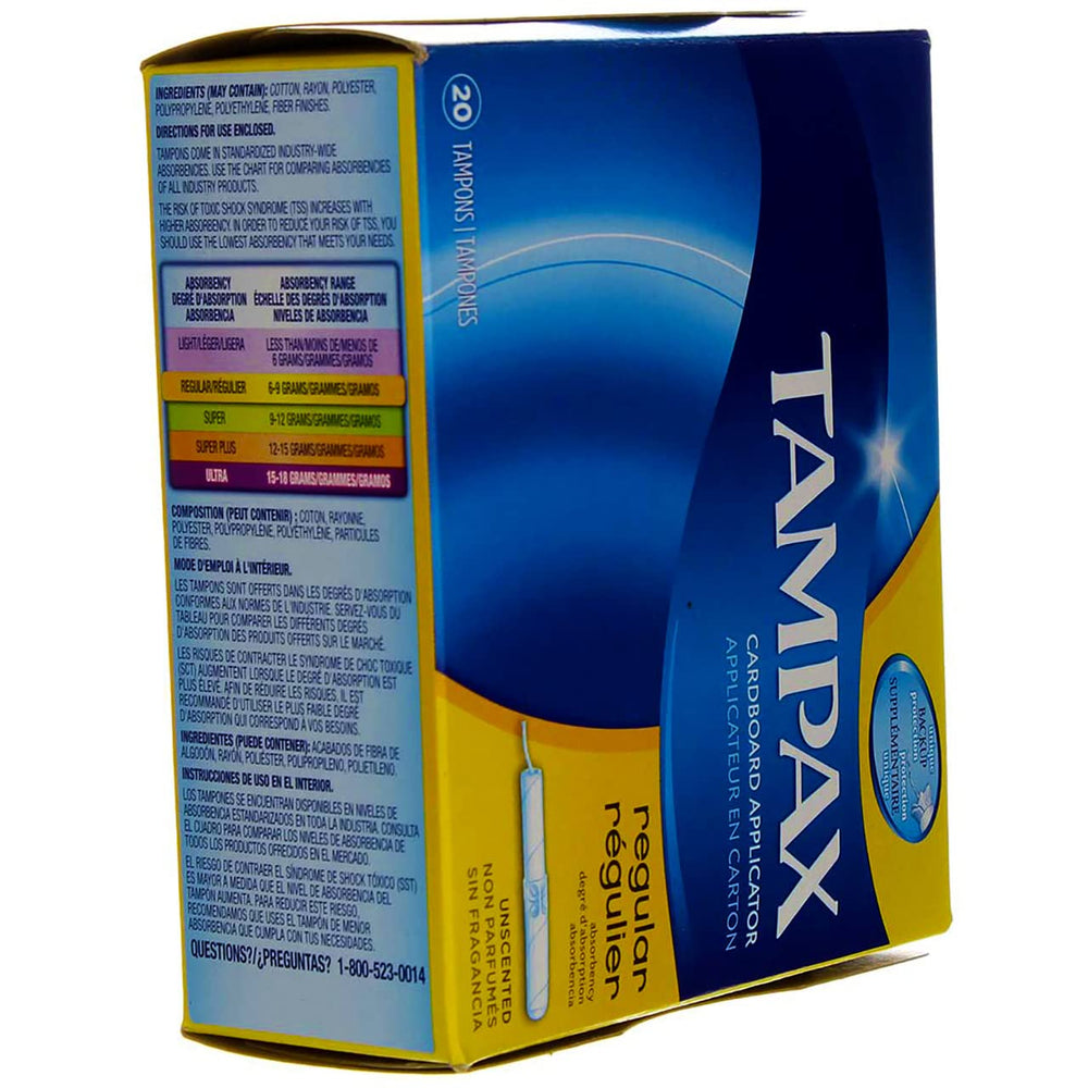 Tampax cardboard applicator unwrapped, ready for insertion.