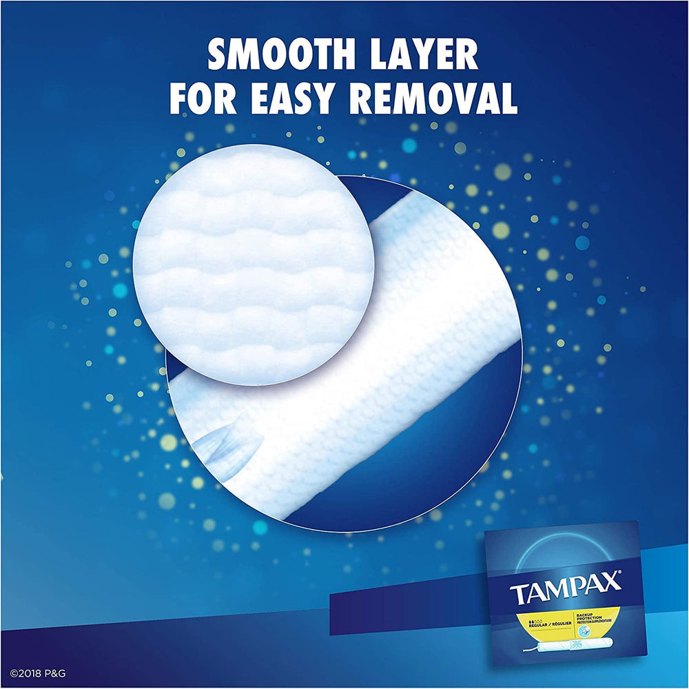 Tampax Cardboard Regular four-box pack displayed on shelf.