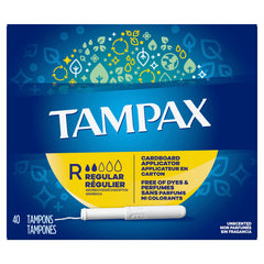 Tampax Cardboard Regular tampon with applicator close-up for easy insertion.