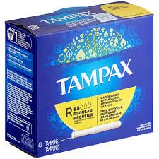 Tampax Cardboard Regular tampons on store shelf.