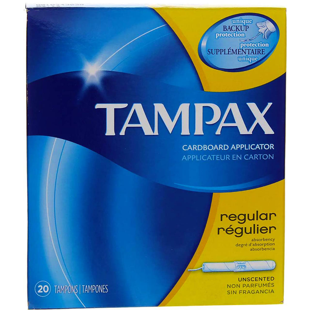 Tampax tampons with flushable cardboard applicator, front of the 2-pack, reliable protection.