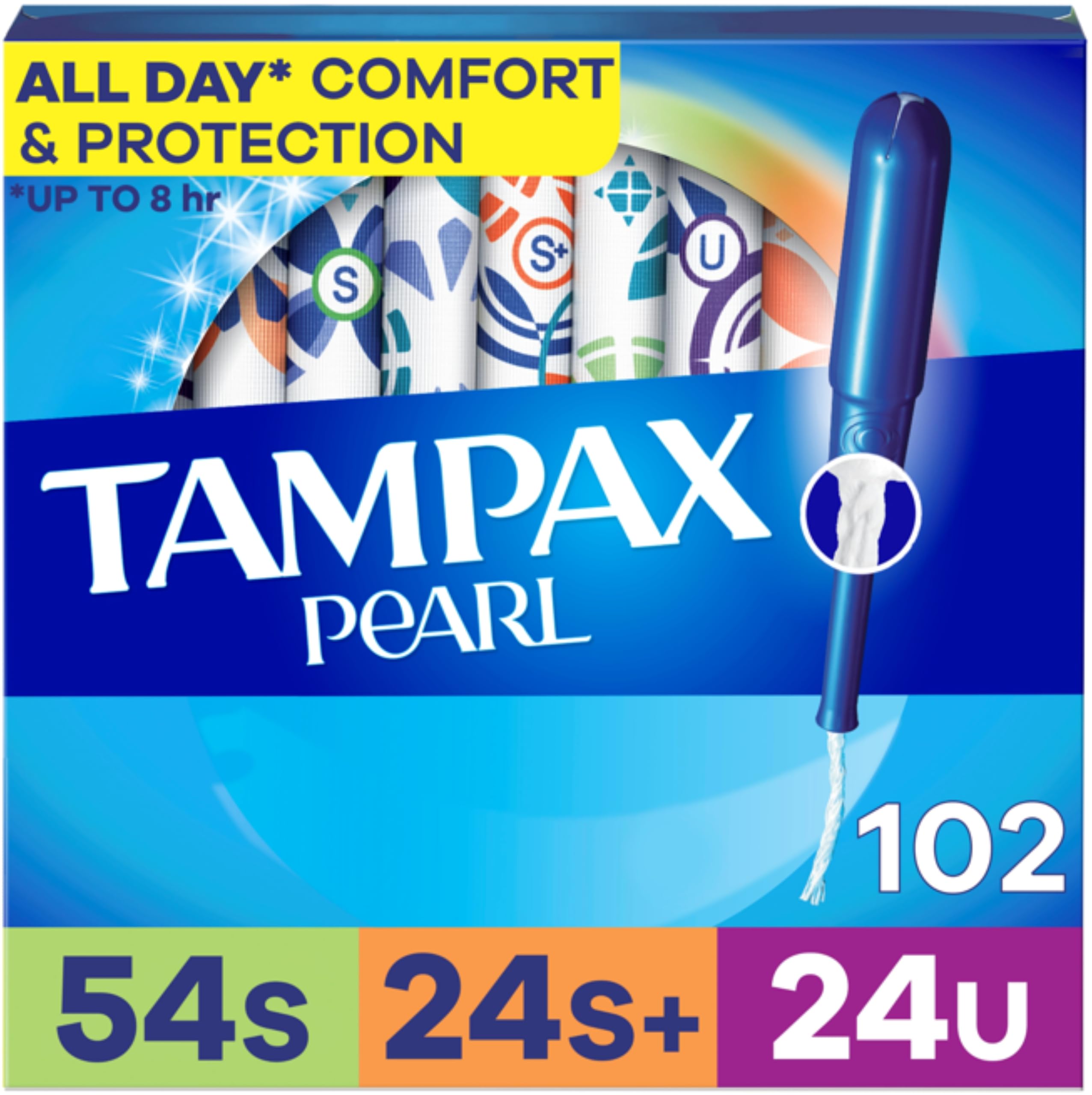 Tampax Pearl multipack box showing 102 tampons for daily protection