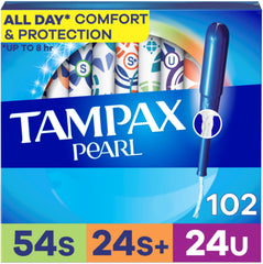Tampax Pearl multipack box showing 102 tampons for daily protection