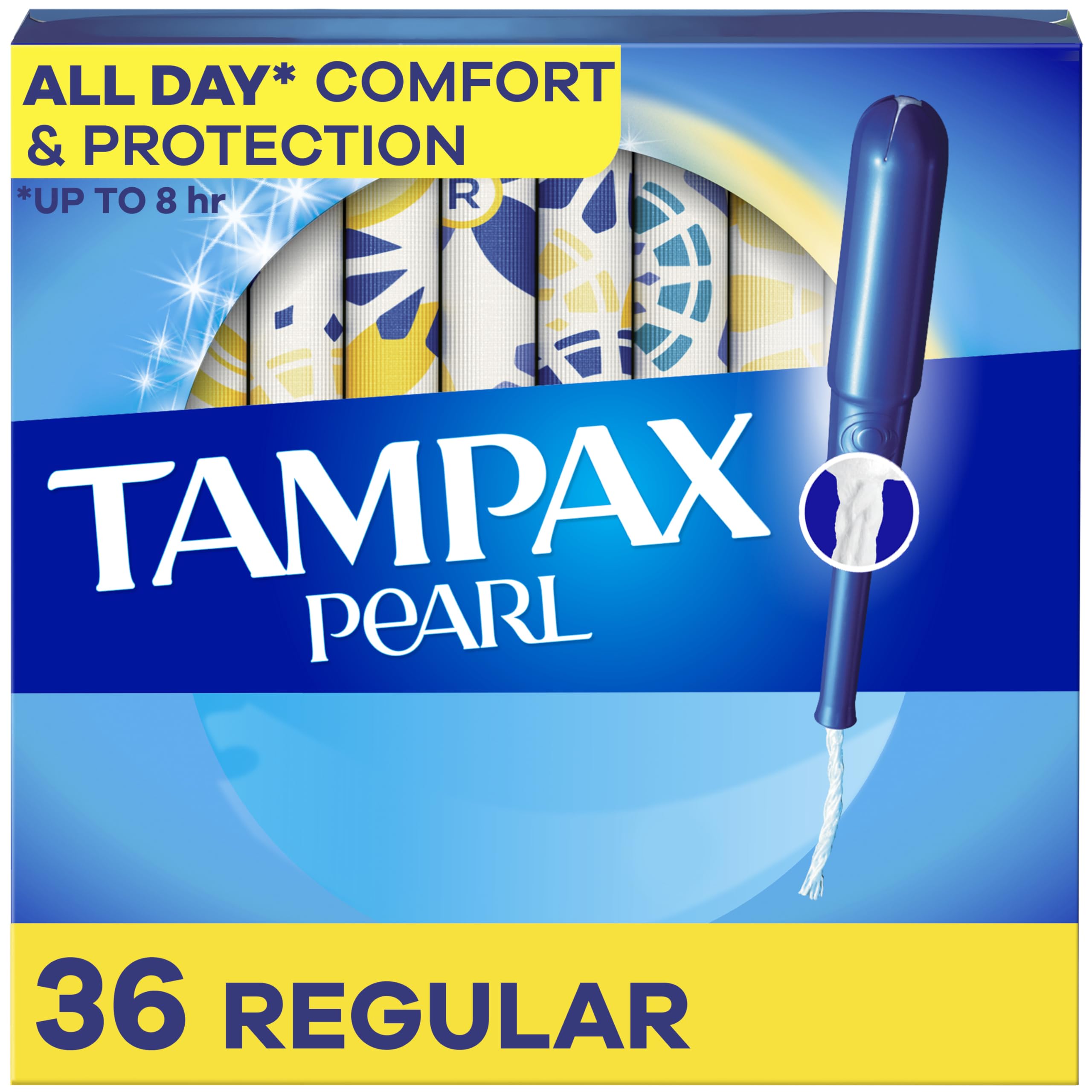 Tampax Pearl packaging shows unscented 36-count protection for daily use.