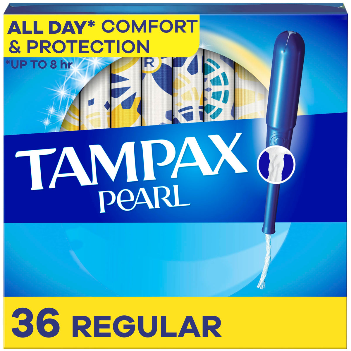 Tampax Pearl packaging shows unscented 36-count protection for daily use.