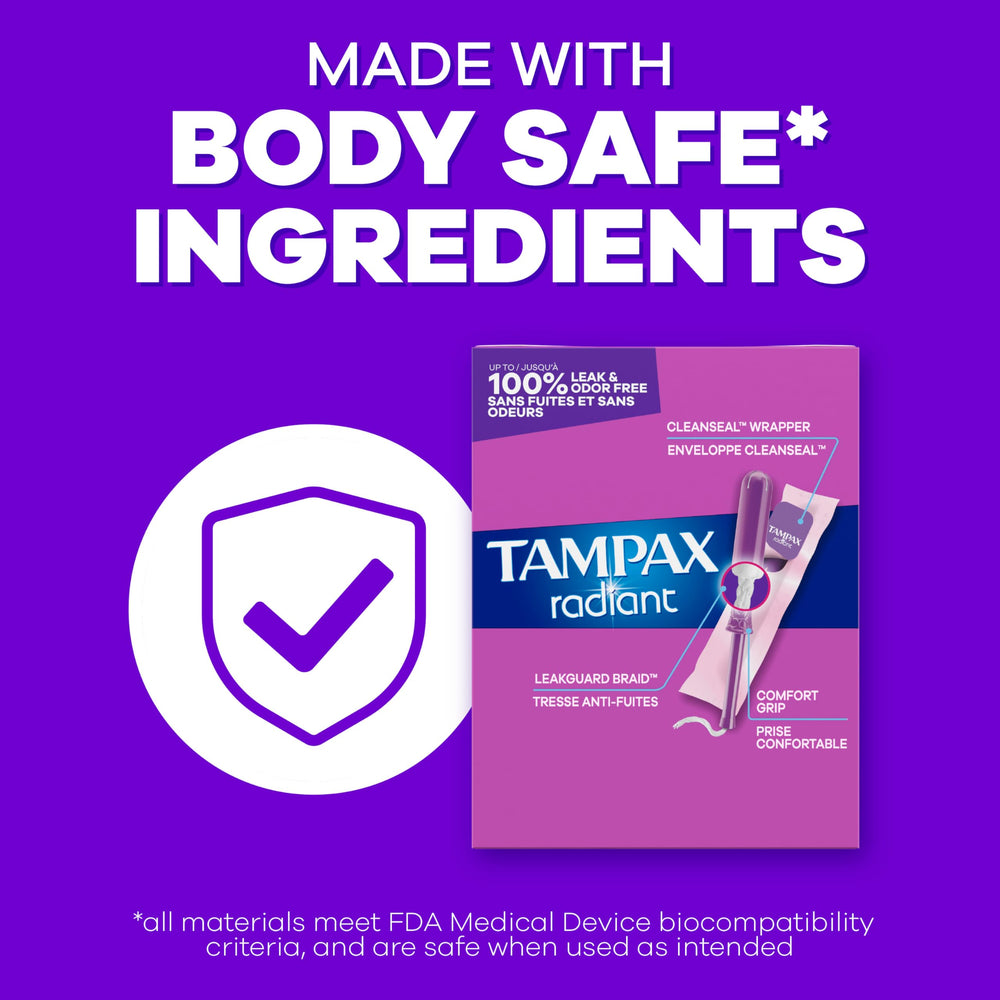 Tampax Radiant CleanSeal wrapper detail enables discreet disposal after use.