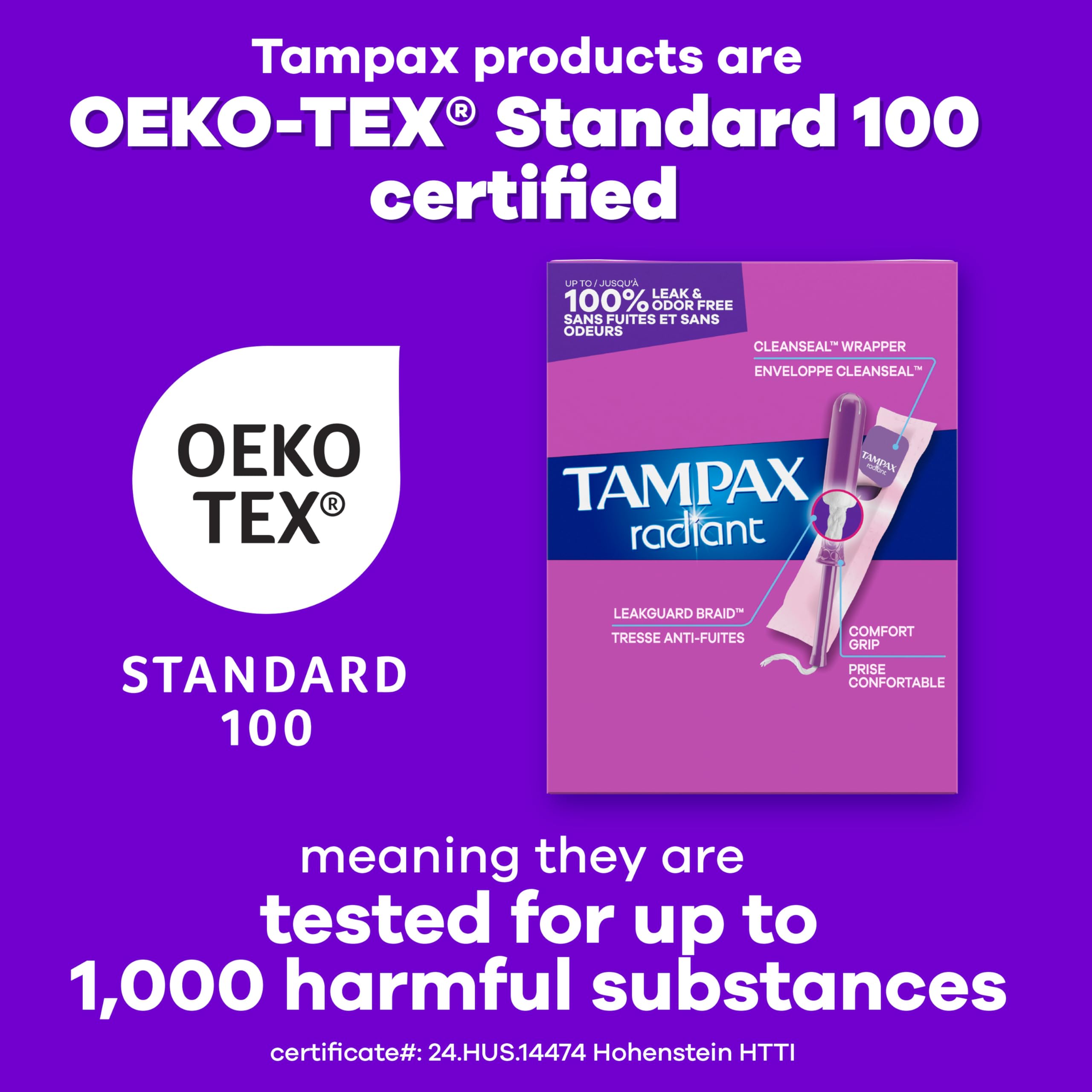 Tampax Radiant soft-touch packaging enhances user-friendly handling.