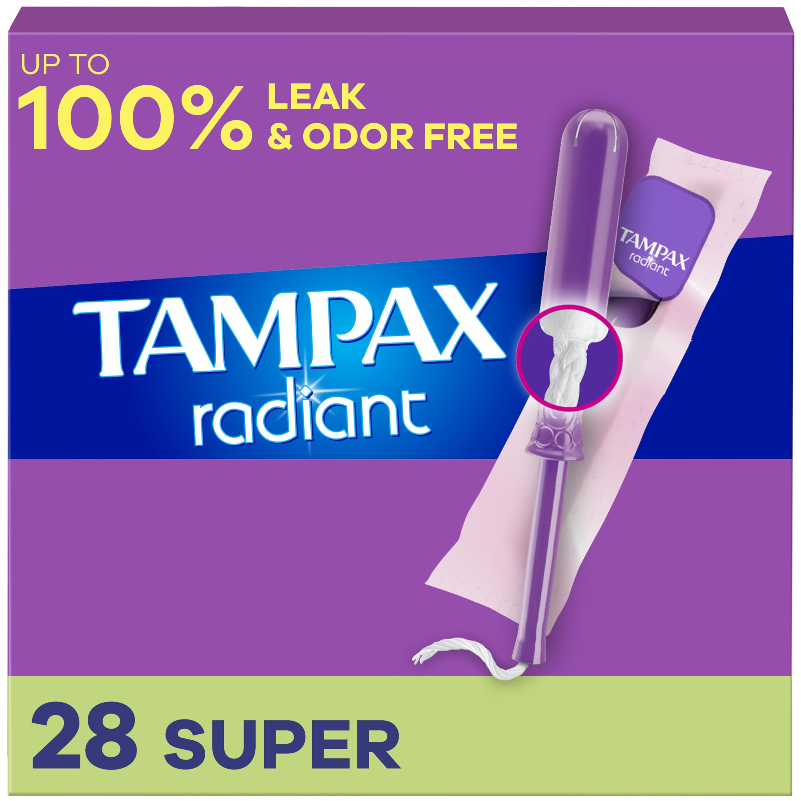 Tampax Radiant tampons with LeakGuard braid for targeted protection during active days.