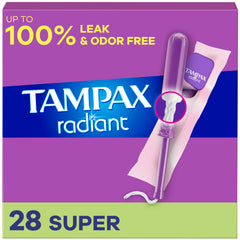 Tampax Radiant tampons with LeakGuard braid for targeted protection during active days.