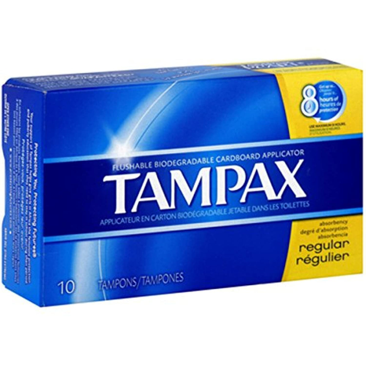 Tampax Regular tampons with flushable cardboard applicator in package highlights convenient disposal.
