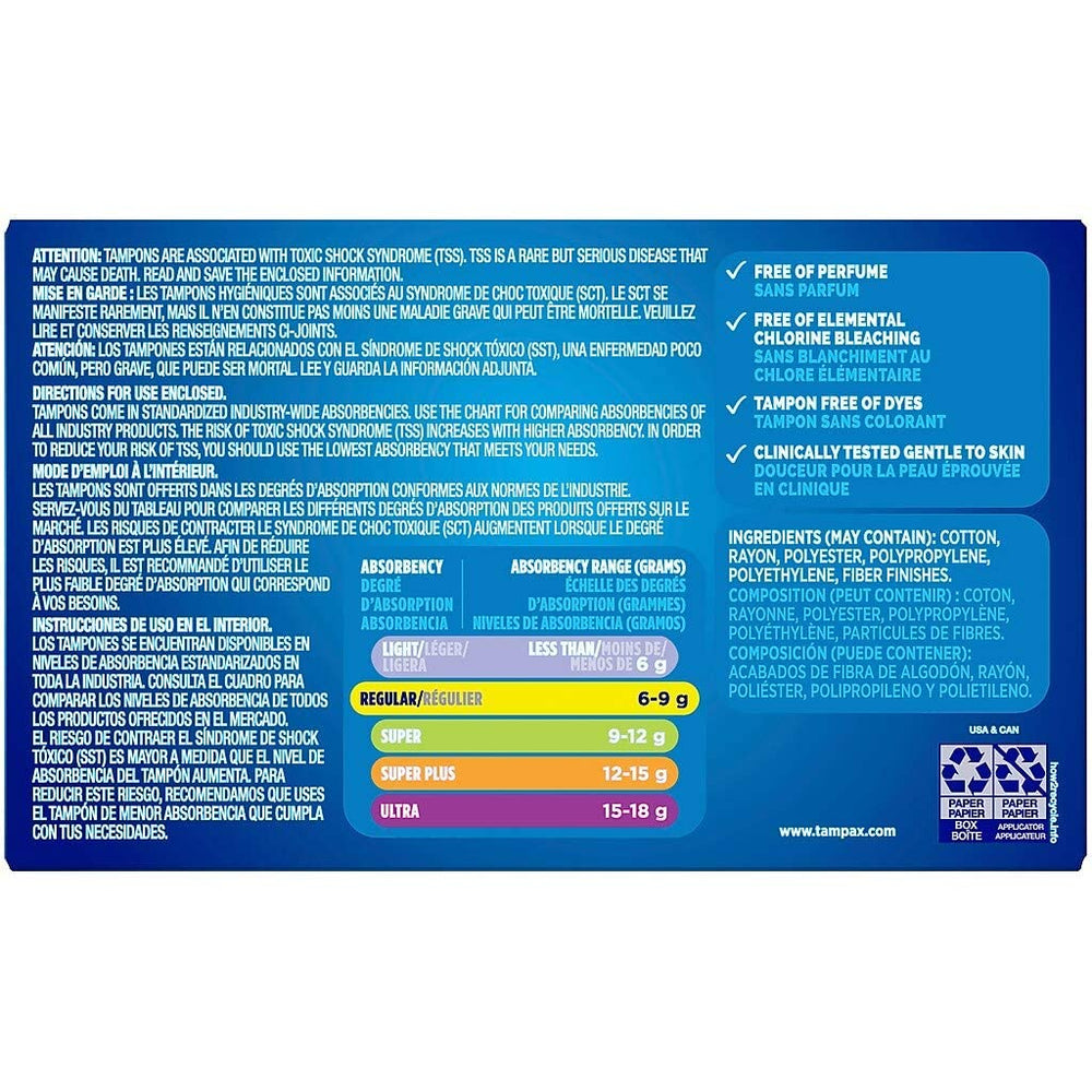 Tampax Regular tampons with LeakGuard skirt close-up showing leak protection design.