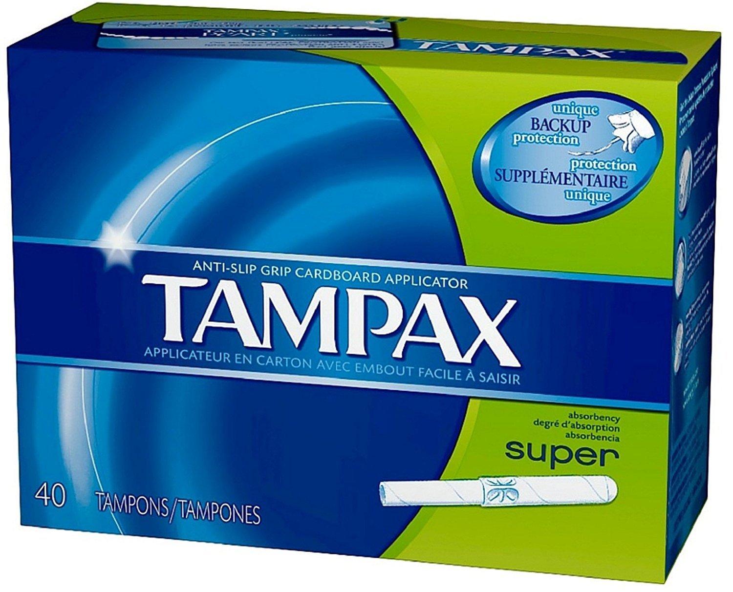 Tampax Super Absorbency cardboard tampon 40-count with form fit protection for reliable everyday use.
