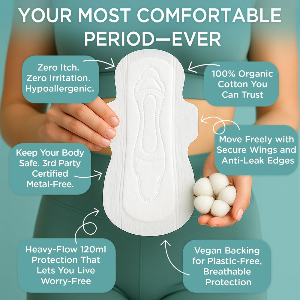 Tampon Tribe organic cotton pad with 120 ml absorbency for nighttime protection.