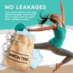 Tampon Tribe Gravity Anti-Leak Edges keep pads in place during activities.